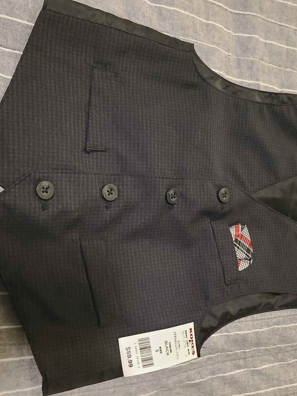 NWT IZOD Boys Formal Suit Vest Black Plaid Pocket Square Size 5 Regular